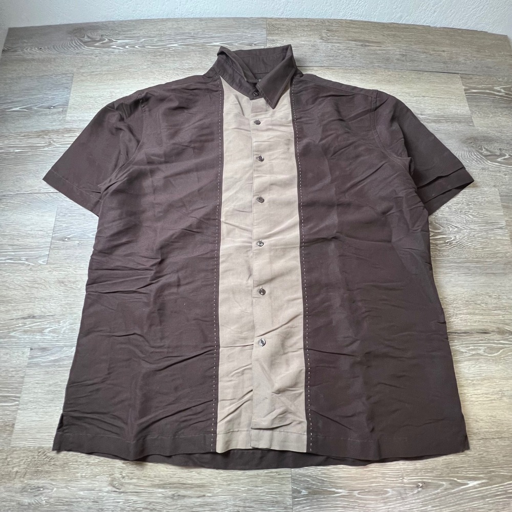 Axist Button Down Shirt Mens XL Brown Silk Touch Short Sleeve Bowling Retro AQ99